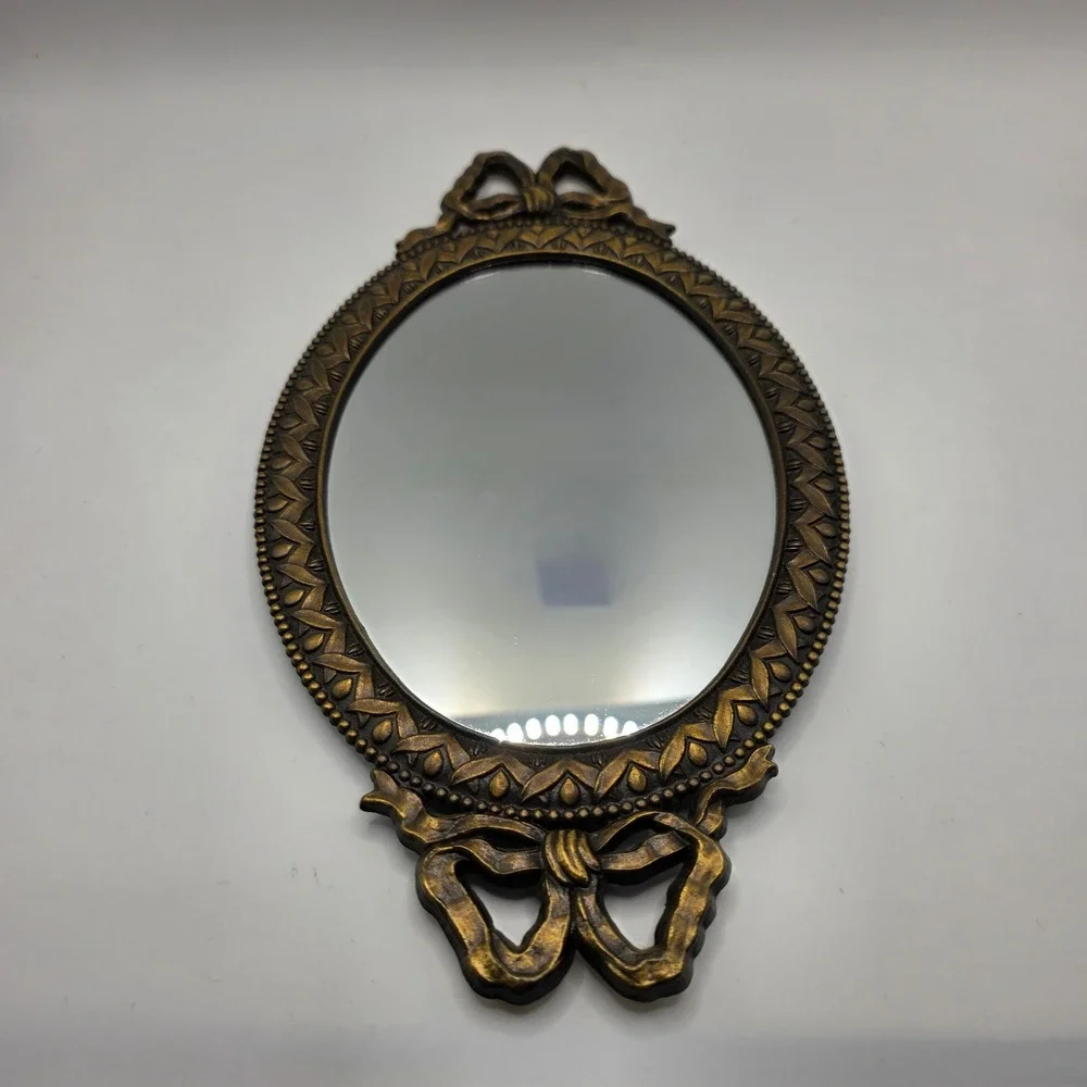Vintage Style Oval Bronze Wall Mirror Ornate Bow Detail Hollywood Regency 10.5